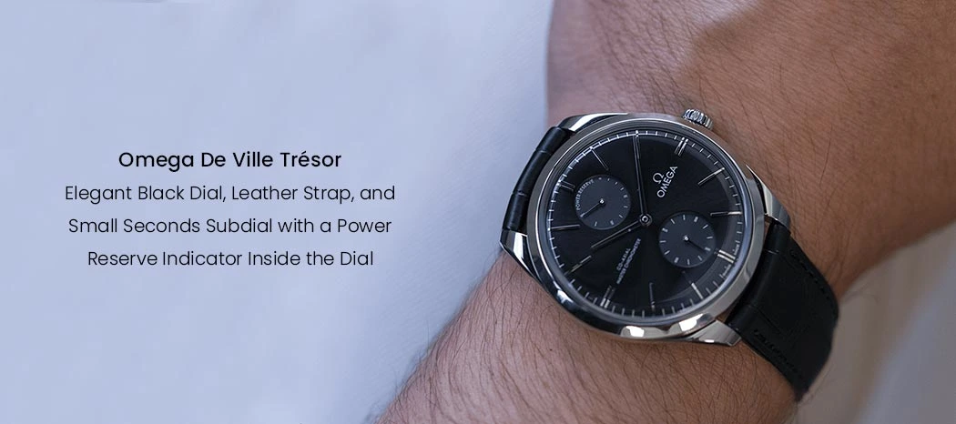Elegant Black Dial, Leather Strap, and Small Seconds Subdial with a Power Reserve Indicator Inside the Dial