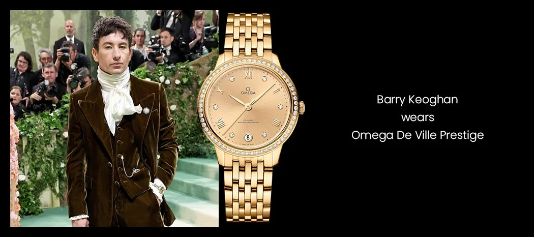 Barry Keoghan wearing an Omega De Ville Prestige 