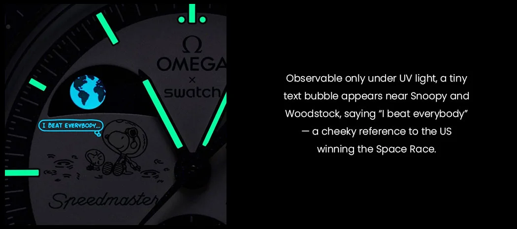 Le texte de la lumière UV sur Omega x Swatch