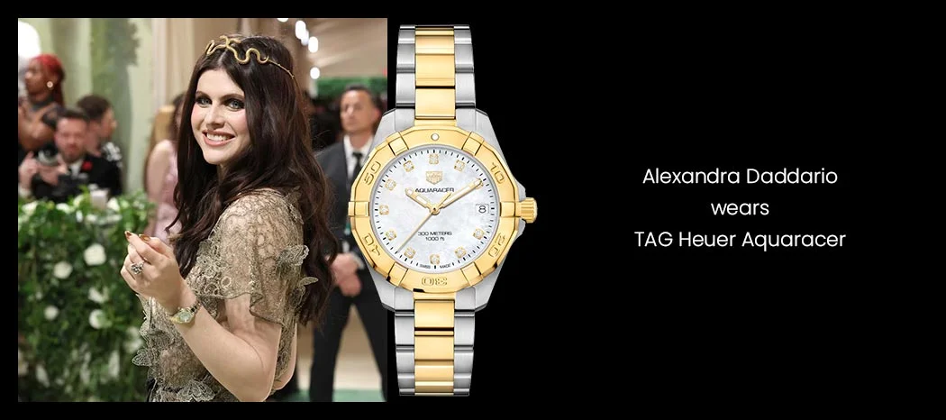 Alexandra Daddario in a TAG Heuer Aquaracer Date