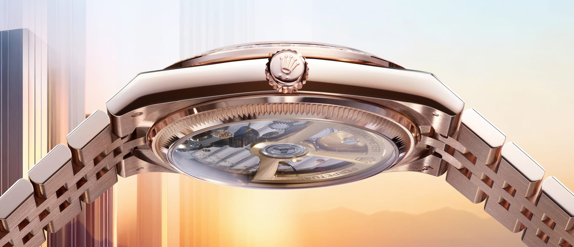 Rolex Land-Dweller Oyster, Everose gold and diamonds highlighting Calibre 7135 movement